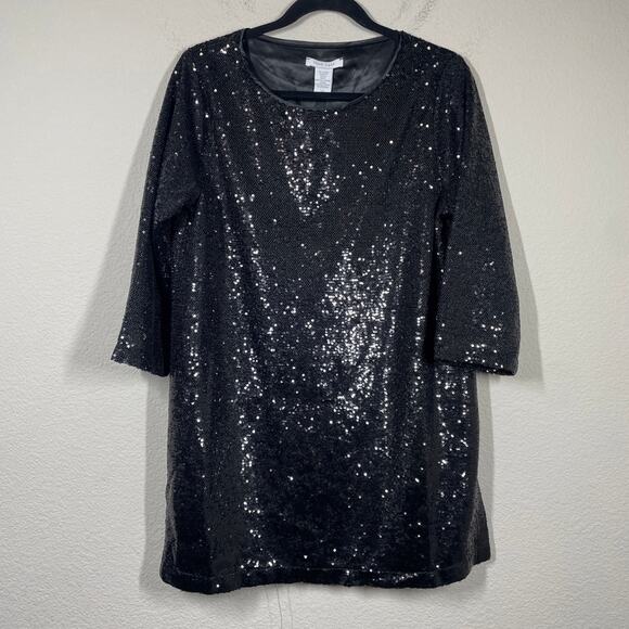 Joan Vass Womens Large/2 Sequin Easy Tunic Top Black Crew Neck 3/4 Sleeves - Picture 3 of 8